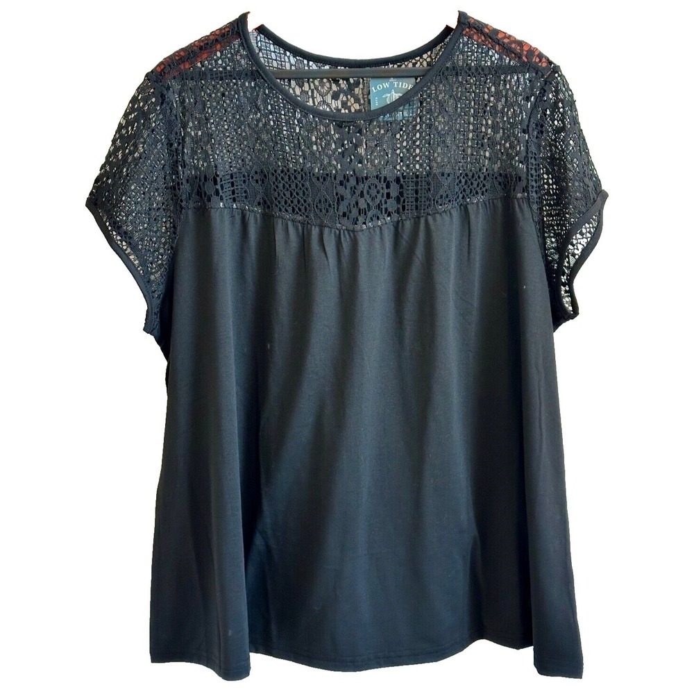 Crocheted Lace Top Black Jersey Short Sleeve Sheer Stretch Women's 4XL